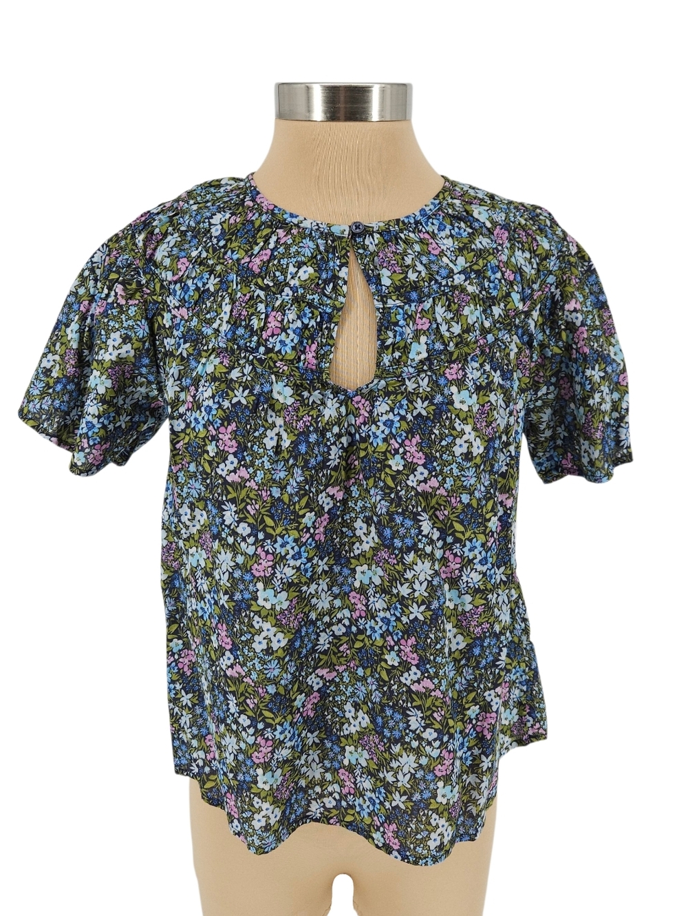 Old Navy Shirt Navy Floral Shirred Flutter Short Sleeve Keyhole Neck Top Small